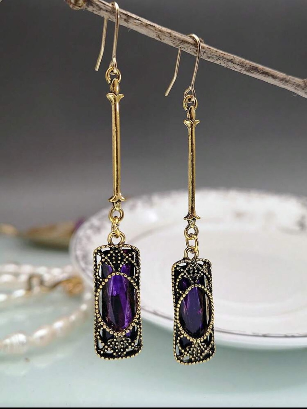 Gold Drop Earrings with Purple Gemstone